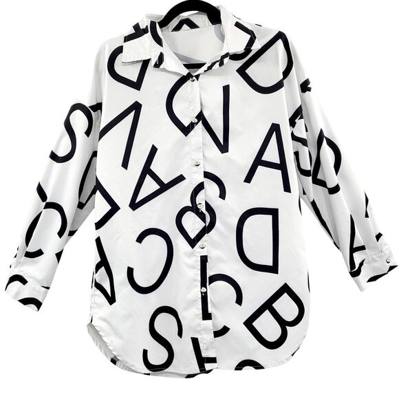 Shein White & Black Bold Letter Print Long-sleeve Collared Button-Up Shirt Sz M - Picture 1 of 7
